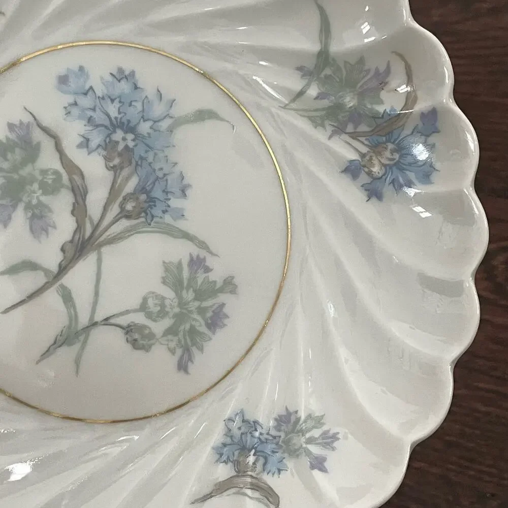 Haviland Limoges Bergere Berry Bowl Set 4 Dessert Dish Blue Flowers Gold Verge